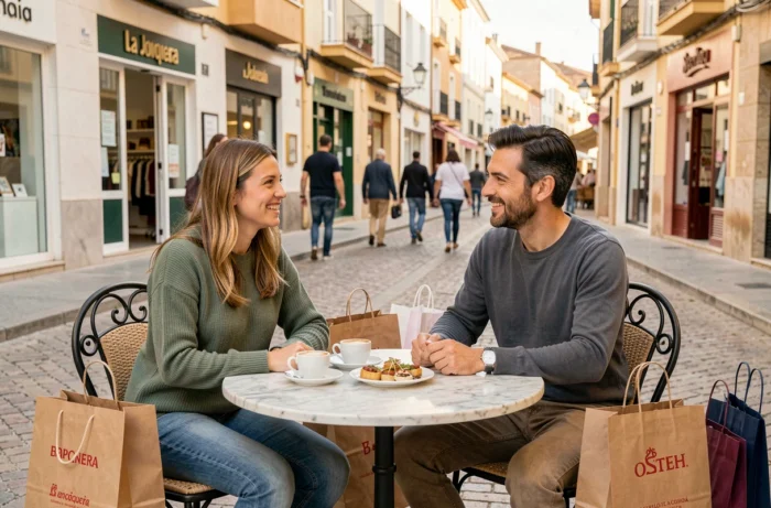 Deux amis en pause café en terrasse à La Jonquera entourés de sacs de courses espagnols