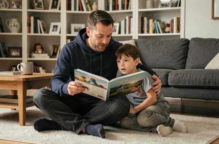 Père lisant un livre illustré à son fils de 4 ans assis ensemble sur un tapis dans un salon familial douillet