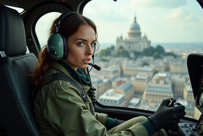 Pilote d'hélicoptère femme en cockpit survolant Montmartre et le Sacré-Cœur à Paris