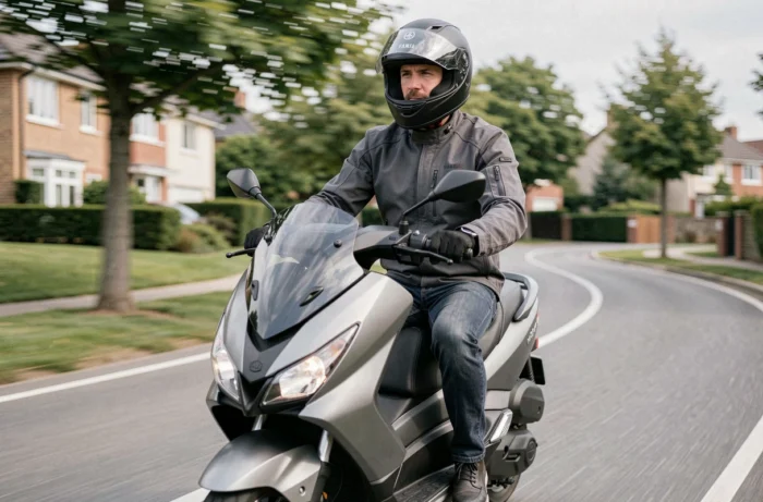Pilote de XMAX 125 en route sur une voie périurbaine, équipement de sécurité complet