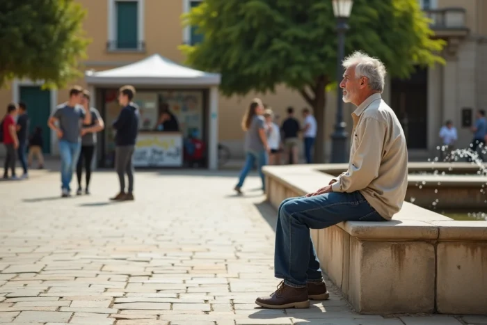 Place publique dégradée d'un quartier sensible de Montpellier avec habitants et tensions urbaines