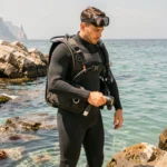 Plongeur en combinaison néoprène au bord d'un rivage rocheux méditerranéen prêt à plonger