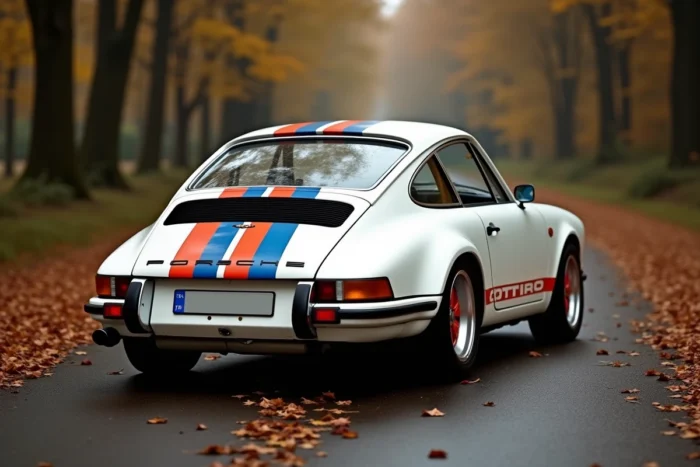 Porsche 911 Carrera RS 2.7 blanche et bleue de 1973 sur une route forestière allemande en automne