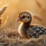 Poussin de faisan fraîchement éclos reposant dans un nid de paille, avec son duvet brun et crème détaillé en gros plan macro réaliste