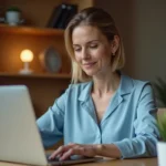 Femme utilisant un ordinateur portable pour prendre rendez-vous médical en ligne depuis son bureau à domicile
