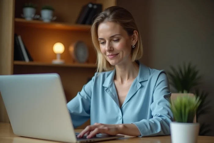 Femme utilisant un ordinateur portable pour prendre rendez-vous médical en ligne depuis son bureau à domicile