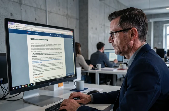 Professionnel du numérique consultant la réglementation sur le droit d'auteur en ligne dans un bureau parisien