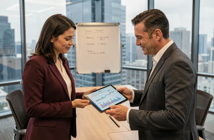 Deux professionnels collaborant sur un logiciel de comptabilité d'entreprise autour d'une tablette en salle de réunion