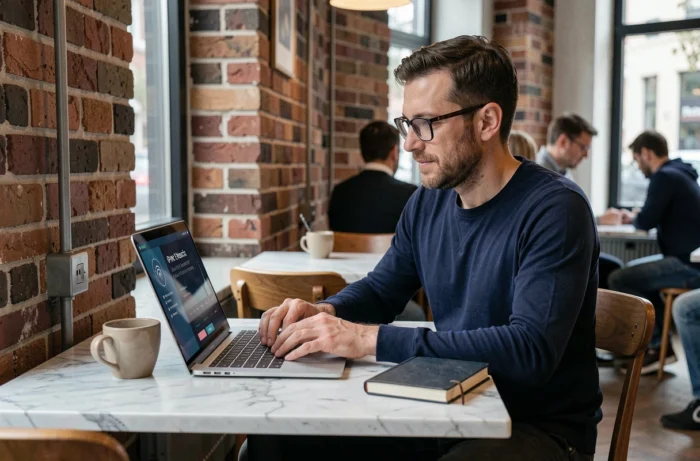 Homme utilisant un VPN sur son ordinateur portable dans un café pour protéger sa vie privée sur Instagram