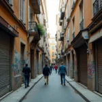Rue étroite et animée d'un quartier urbain dense de Montpellier avec façades dégradées et passants