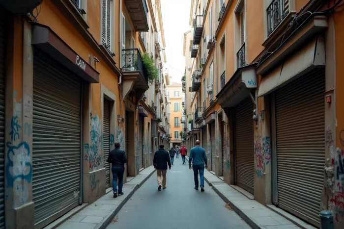 Rue étroite et animée d'un quartier urbain dense de Montpellier avec façades dégradées et passants