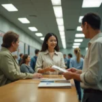 Femme récupérant son courrier sans adresse fixe au guichet d'un bureau de poste