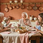 Grand-mère et grand-père partageant un repas chaleureux en famille avec leurs enfants et petits-enfants autour d'une table en bois rustique