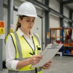 Responsable QSE en équipement de protection individuelle inspectant une installation industrielle avec liste de contrôle