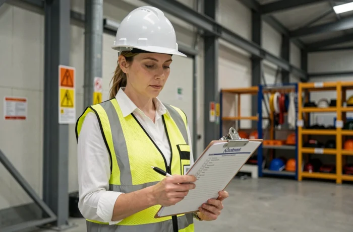 Responsable QSE en équipement de protection individuelle inspectant une installation industrielle avec liste de contrôle