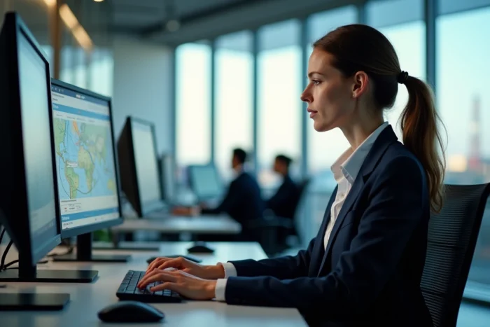 Responsable de transport fret travaillant sur logiciel de gestion d'expédition dans un bureau de logistique portuaire
