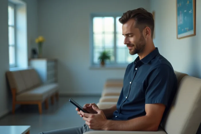Homme consultant ses résultats biologiques Biofutur sur smartphone dans une salle d'attente médicale