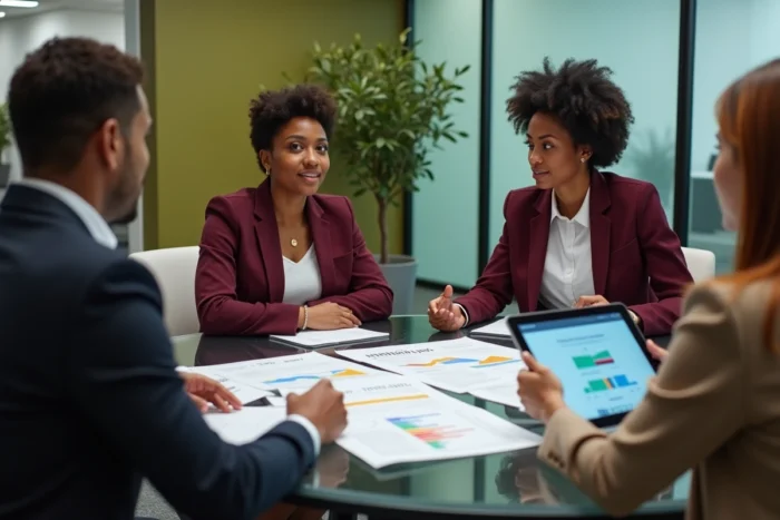 Équipe de professionnels collaborant sur une stratégie de développement et de croissance d'entreprise lors d'une réunion en salle de conférence moderne