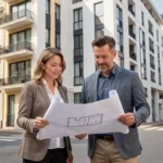 Un homme et une femme examinent des plans devant un immeuble résidentiel urbain, symbolisant un projet immobilier en 2024