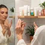 Femme appliquant une crème hydratante devant un miroir de salle de bain dans le cadre d'une routine beauté quotidienne naturelle