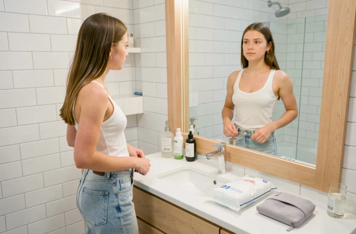 Jeune adolescente dans une salle de bain moderne consultant sa routine d'hygiène avec des protections absorbantes sur le comptoir