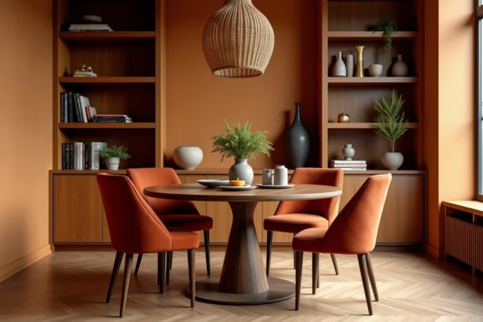 Salle à manger mid-century avec table en noyer, chaises en velours terracotta et suspension en rotin dans un appartement urbain chaleureux