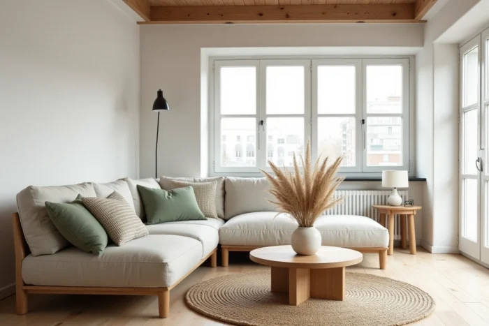 Salon scandinave épuré avec canapé en lin, table basse en chêne et herbes de pampa séchées dans un vase en céramique