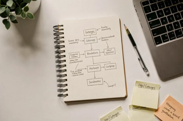 Vue aérienne d'un bureau avec un carnet contenant un schéma de sitemap dessiné à la main, un ordinateur portable et des notes autocollantes avec des slugs d'URL