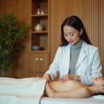 Praticienne en acupuncture insérant des aiguilles sur l'avant-bras d'une patiente dans un cabinet médical belge