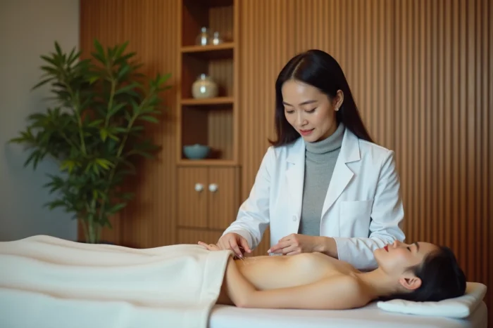 Praticienne en acupuncture insérant des aiguilles sur l'avant-bras d'une patiente dans un cabinet médical belge