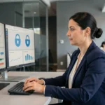Professionnelle en cybersécurité travaillant sur des tableaux de bord de protection des données dans un bureau moderne
