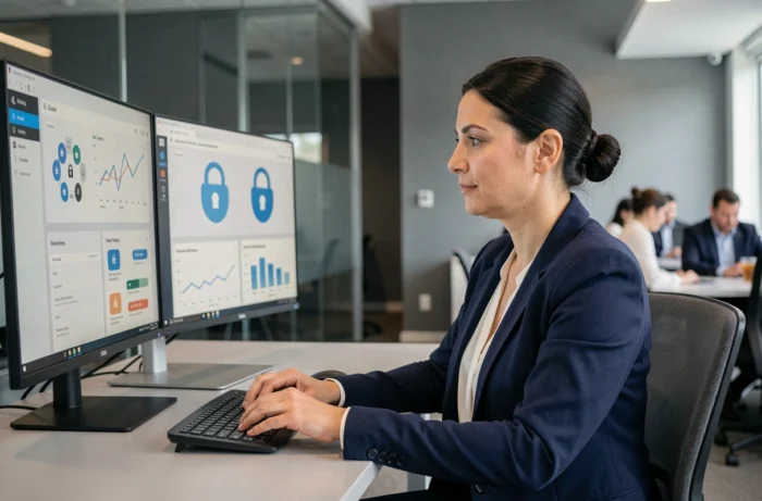 Professionnelle en cybersécurité travaillant sur des tableaux de bord de protection des données dans un bureau moderne
