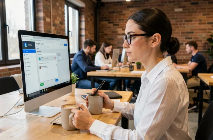 Femme professionnelle vérifiant les paramètres de sécurité d'un site de partage de fichiers dans un espace de coworking