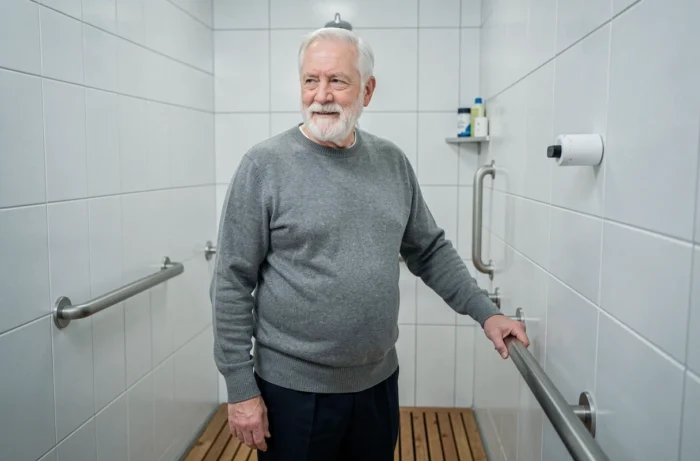 Homme âgé vérifiant les aménagements d'une salle de bain adaptée pour rester autonome à domicile
