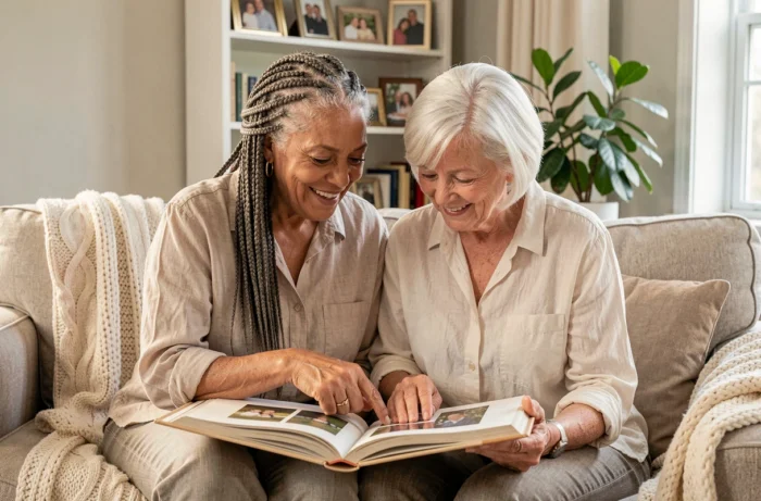 Deux femmes seniors feuilletant ensemble un album photo de famille sur un canapé, partageant des souvenirs et renforçant leurs liens familiaux