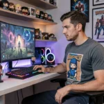 Jeune homme geek passionné assis devant son setup gaming avec figurines de collection et claviers mécaniques dans une chambre geek moderne