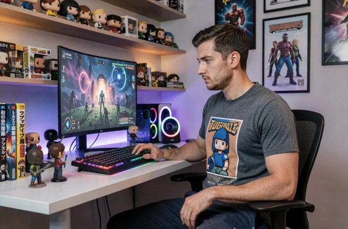Jeune homme geek passionné assis devant son setup gaming avec figurines de collection et claviers mécaniques dans une chambre geek moderne