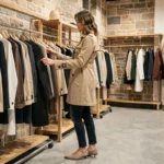 Femme élégante en trench coat beige faisant du shopping dans une boutique parisienne au décor minimaliste
