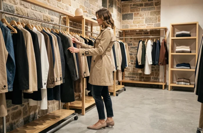 Femme élégante en trench coat beige faisant du shopping dans une boutique parisienne au décor minimaliste