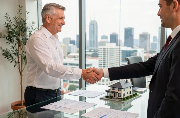 Homme signant un contrat immobilier et serrant la main d'un agent dans une agence immobilière moderne