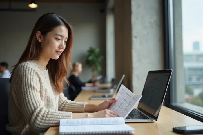 Stagiaire organisant et définissant ses activités de stage dans un espace de coworking contemporain
