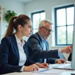 Stagiaire en entreprise révisant des documents avec un mentor dans un bureau moderne