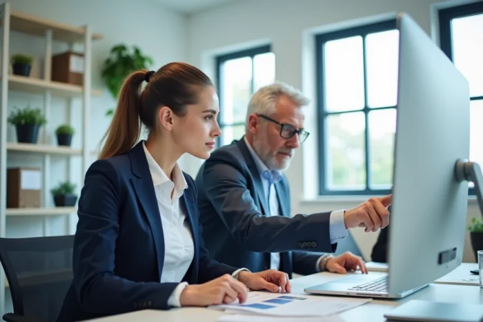 Stagiaire en entreprise révisant des documents avec un mentor dans un bureau moderne