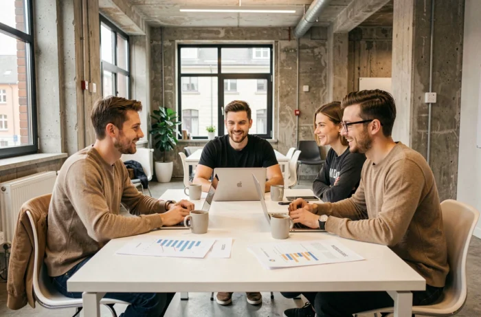 Équipe de jeunes entrepreneurs collaborant dans un espace de coworking moderne au Luxembourg