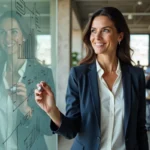 Femme d'affaires présentant une stratégie de croissance d'entreprise sur un tableau blanc dans un bureau moderne