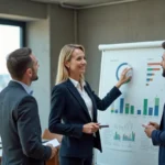 Femme d'affaires présentant une stratégie de développement entreprise à son équipe devant un tableau de croissance dans un bureau moderne