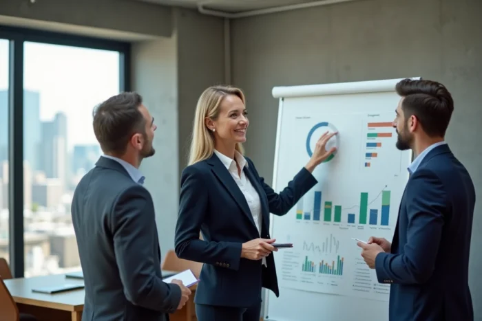 Femme d'affaires présentant une stratégie de développement entreprise à son équipe devant un tableau de croissance dans un bureau moderne