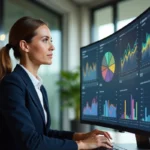 Femme professionnelle analysant une stratégie marketing en ligne sur un écran d'ordinateur dans un bureau moderne