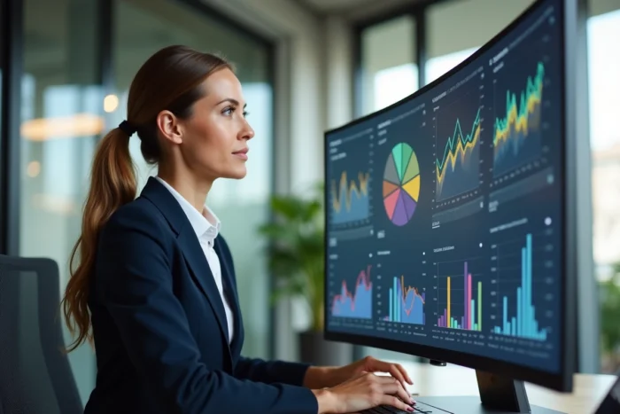 Femme professionnelle analysant une stratégie marketing en ligne sur un écran d'ordinateur dans un bureau moderne