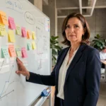 Femme cadre présentant une stratégie marketing innovante sur un tableau blanc dans un bureau moderne